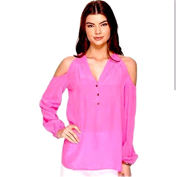 Lilly Pulitzer - women’s 100% silk Cold Shoulder long sleeve blouse pink top M - Picture 4 of 10